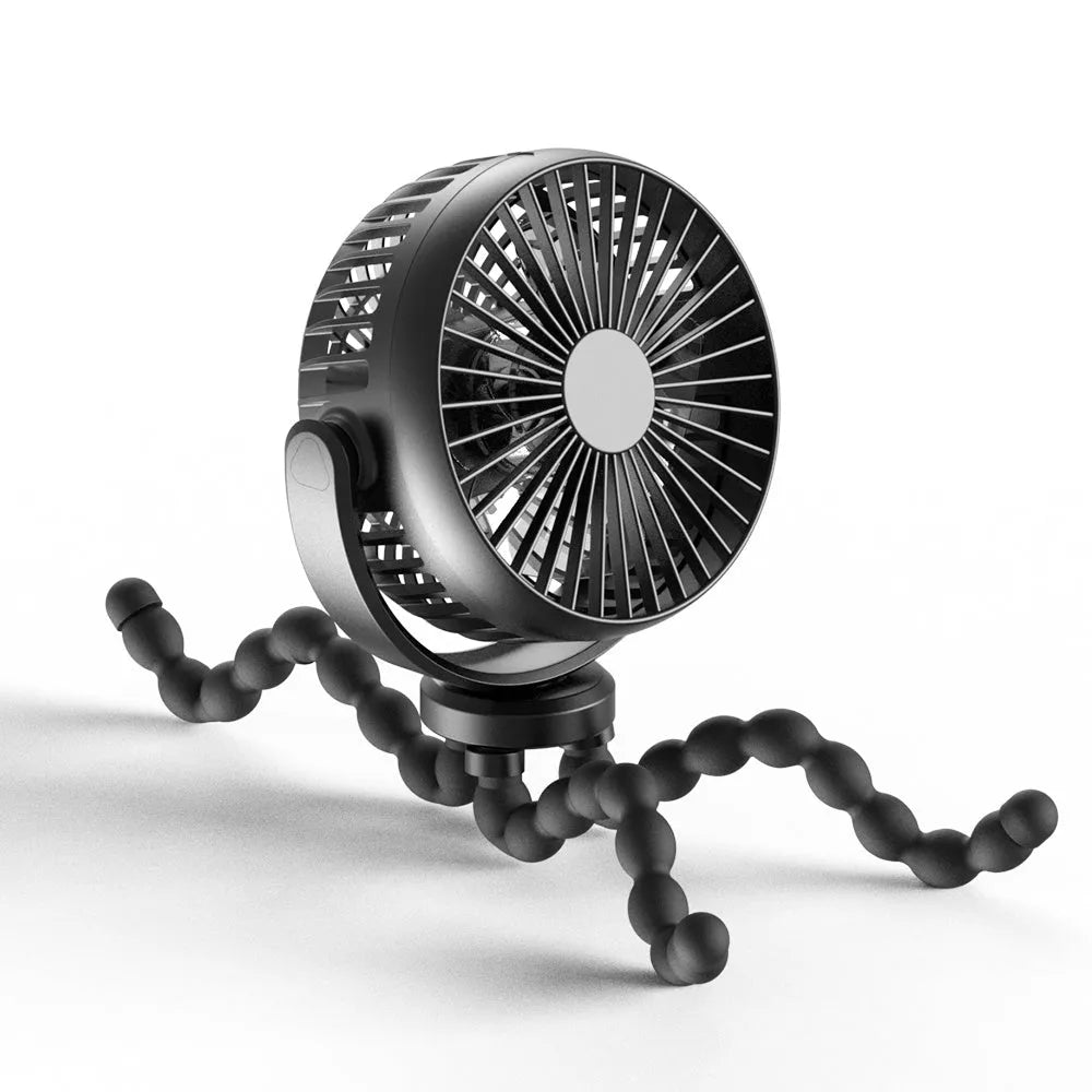 HOMEFISH F2 automatic shake head fan with LED light attached to a baby stroller