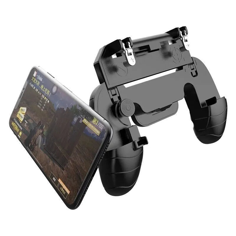 Black Bluetooth mobile game handle with telescopic arms extended, holding a smartphone