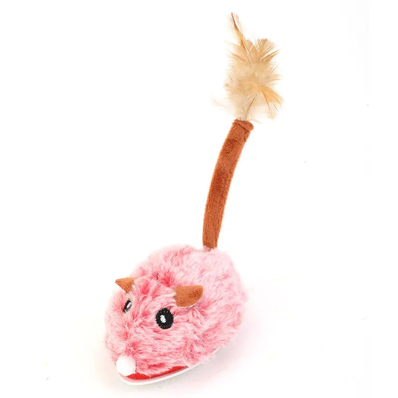 Electric cat toy with moving plush mouse on adjustable pole in pink, dark grey, or purple colours