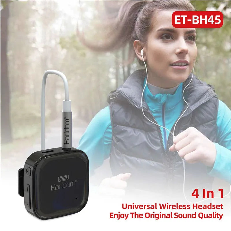 Black Bluetooth lavalier headset with clip, shown alongside packaging.