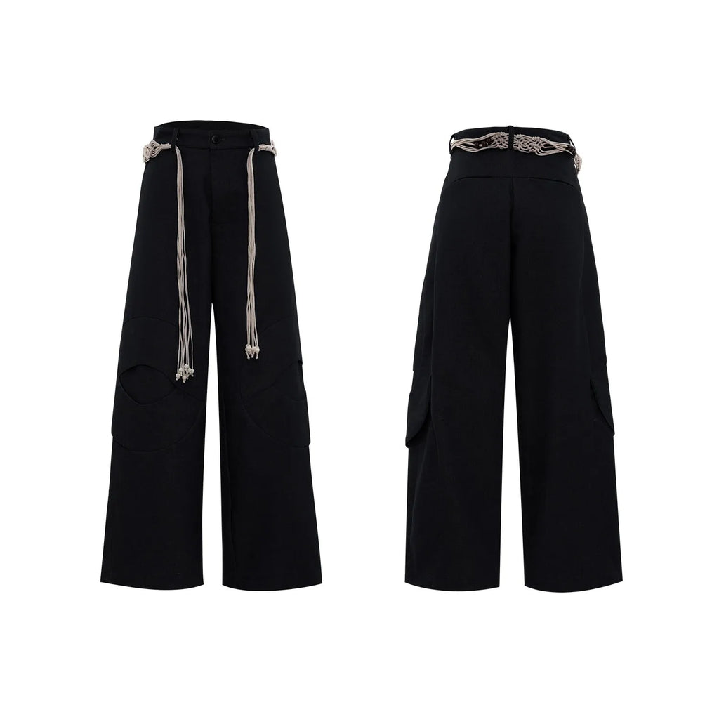 Men's dark blue straight-leg jeans with 3D cutting, belt stitching, and decorative pocket details