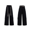 Men's dark blue straight-leg jeans with 3D cutting, belt stitching, and decorative pocket details