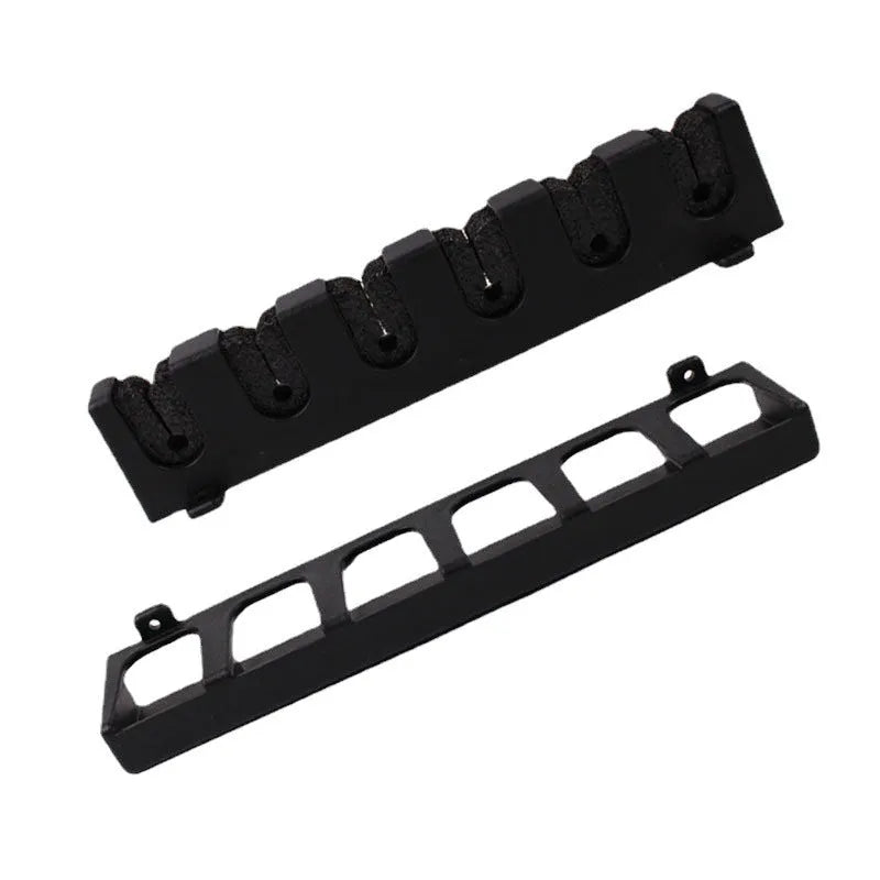 Black ABS plastic wall-mounted fishing rod storage rack shown in vertical and horizontal styles