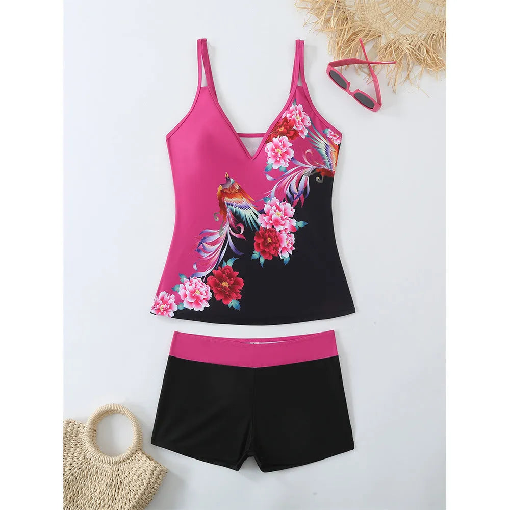 Women's plus size printed swimsuit suit in black or rose red with briefs-style design