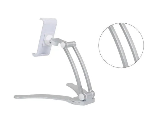 Silver aluminum alloy desktop tablet stand holding a tablet at adjustable angle with white mounting base