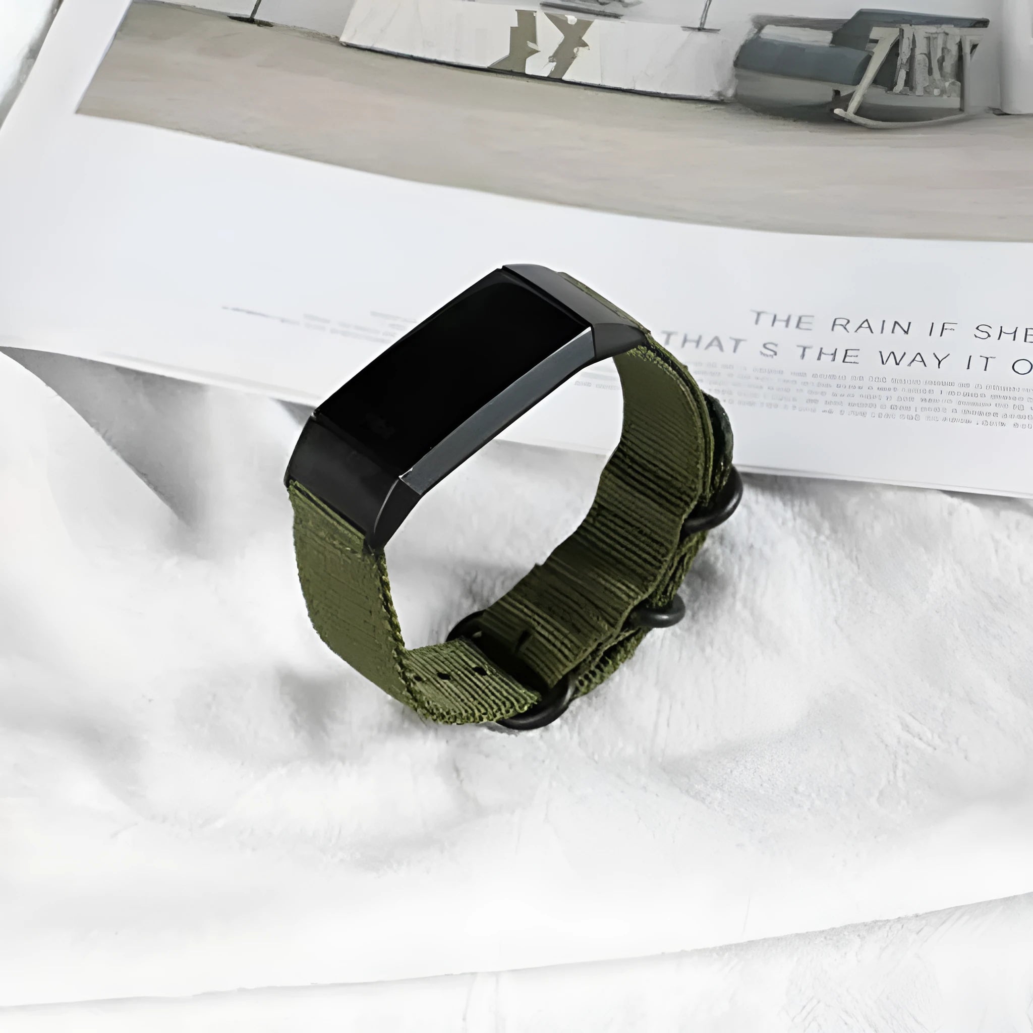 Army Green nylon three-ring buckle replacement strap for Fitbit Charge fitness trackers