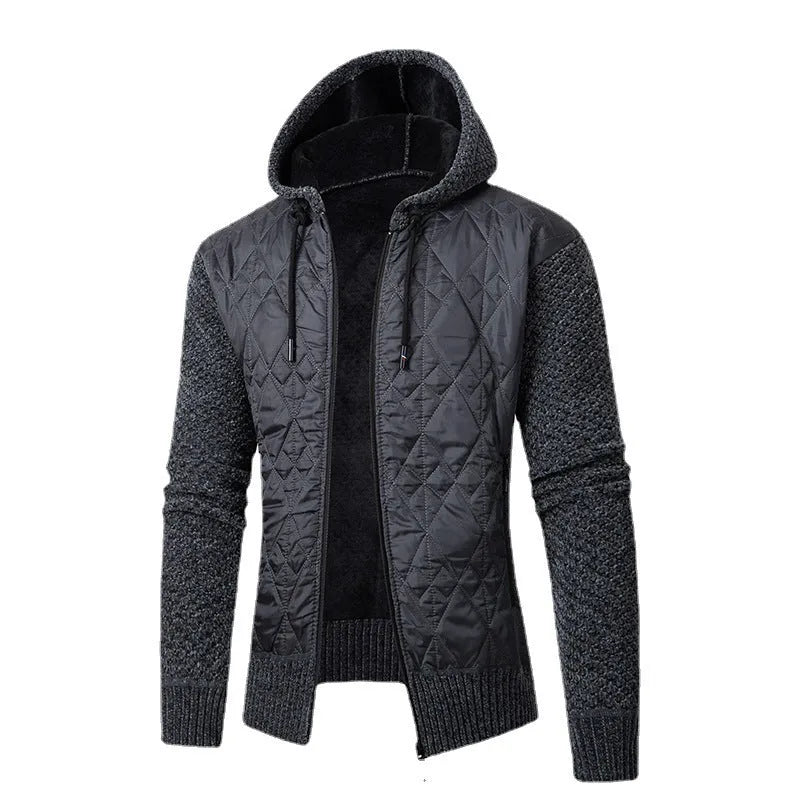 Men's gray corduroy hooded sweater coat with cinched waist worn as winter outerwear