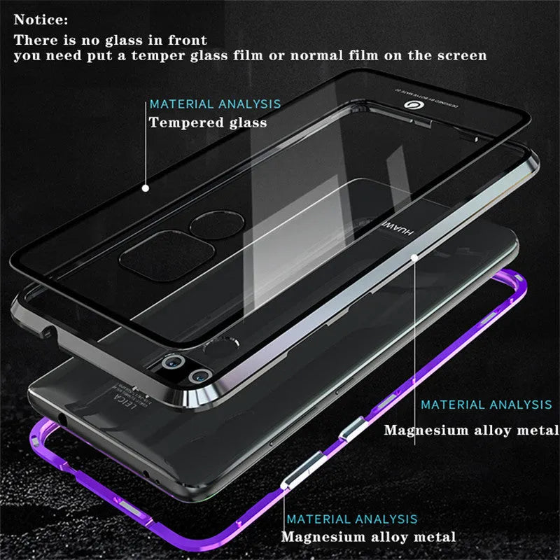 Magnetic metal phone case with tempered glass back for Huawei smartphones showing magnetic attachment points