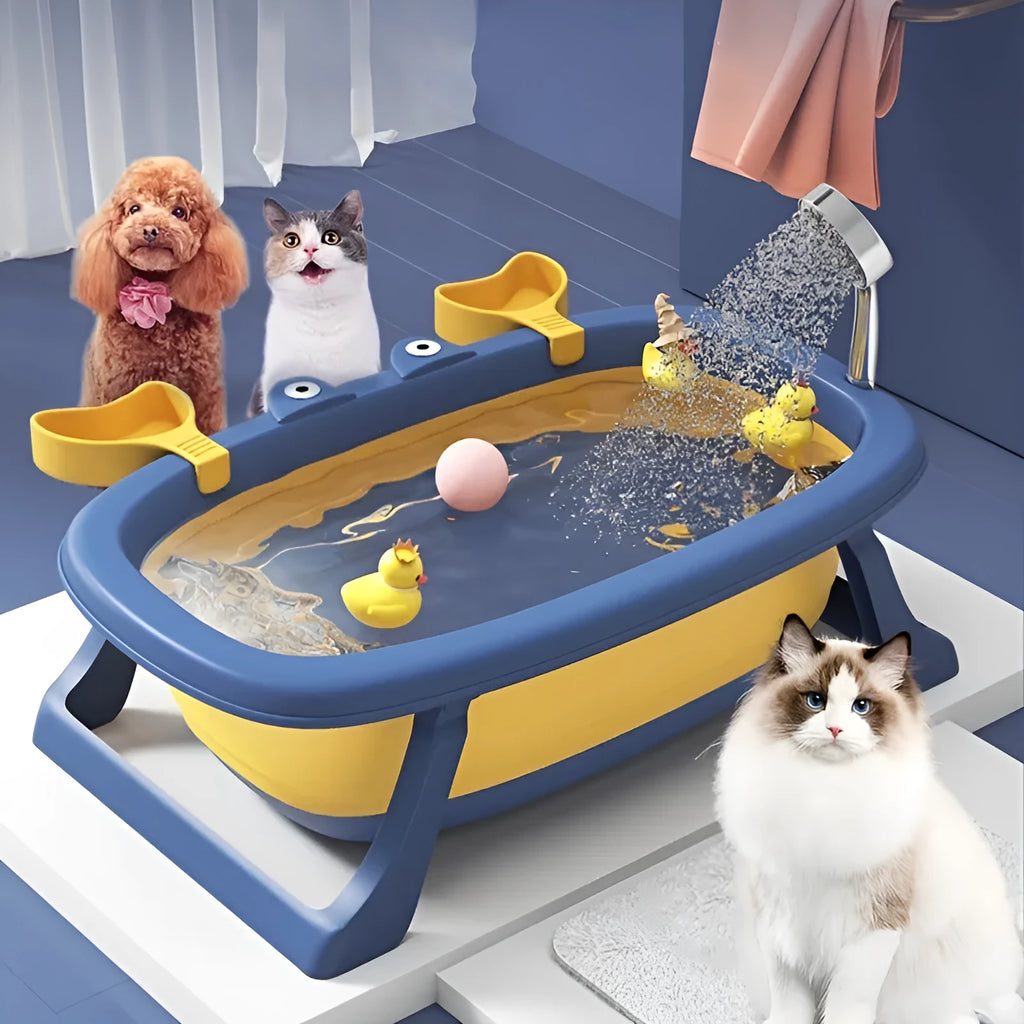 Blue foldable portable pet tub for small dogs and cats, shown with dimensions.