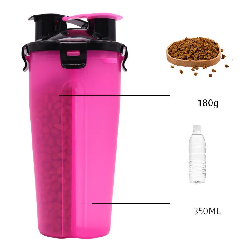 Portable pet water and food cup with two compartments showing water and food storage sections