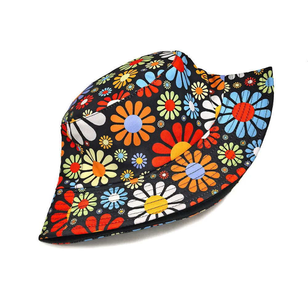 Colourful floral pattern polyester bucket hat with dome crown in size M