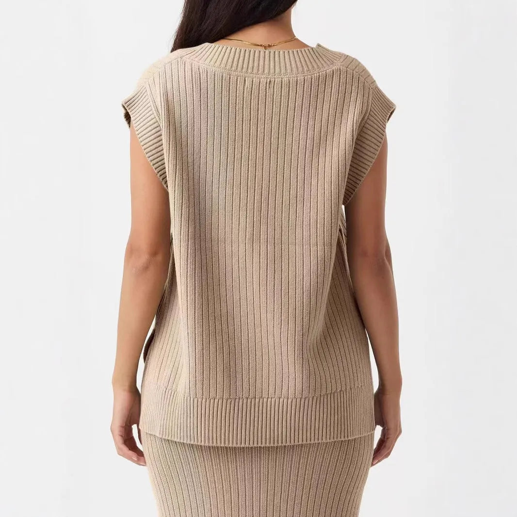 Women's V-neck sleeveless pullover vest in camel colour with loose fit design