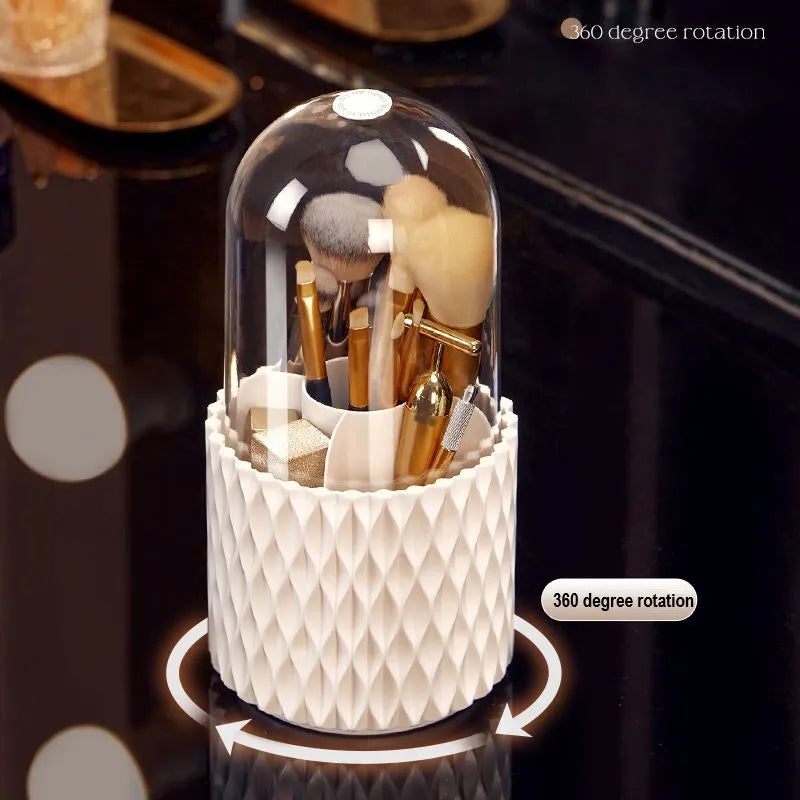 White rotating transparent acrylic makeup brush storage organiser with dustproof lid