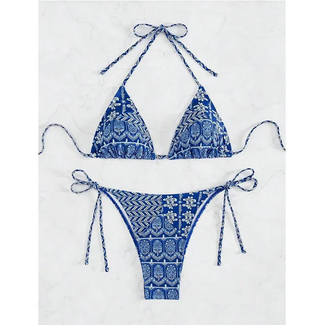 Women's split bikini swimsuit with bandage stitching in polyester fabric