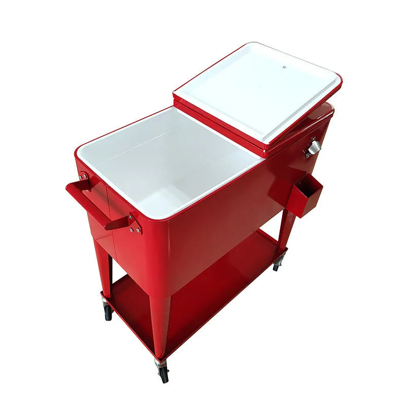 Red outdoor metal insulated trolley cooler with wheels for picnics, 750ml capacity.