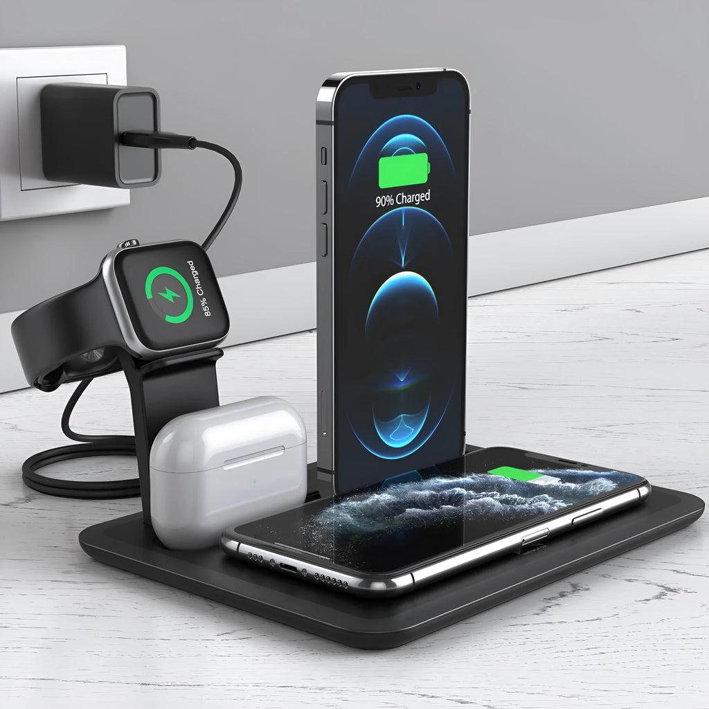 Black wireless charging desktop station holding a mobile phone, with ports for watch and headphones.