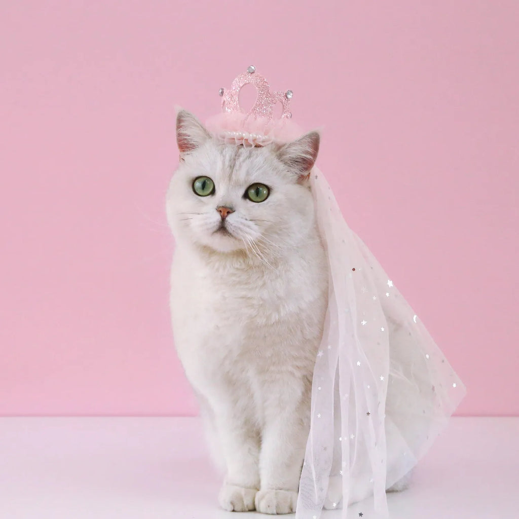 Pet princess crown headdress with cotton polyester veil in beige and pink options for cat and dog special events
