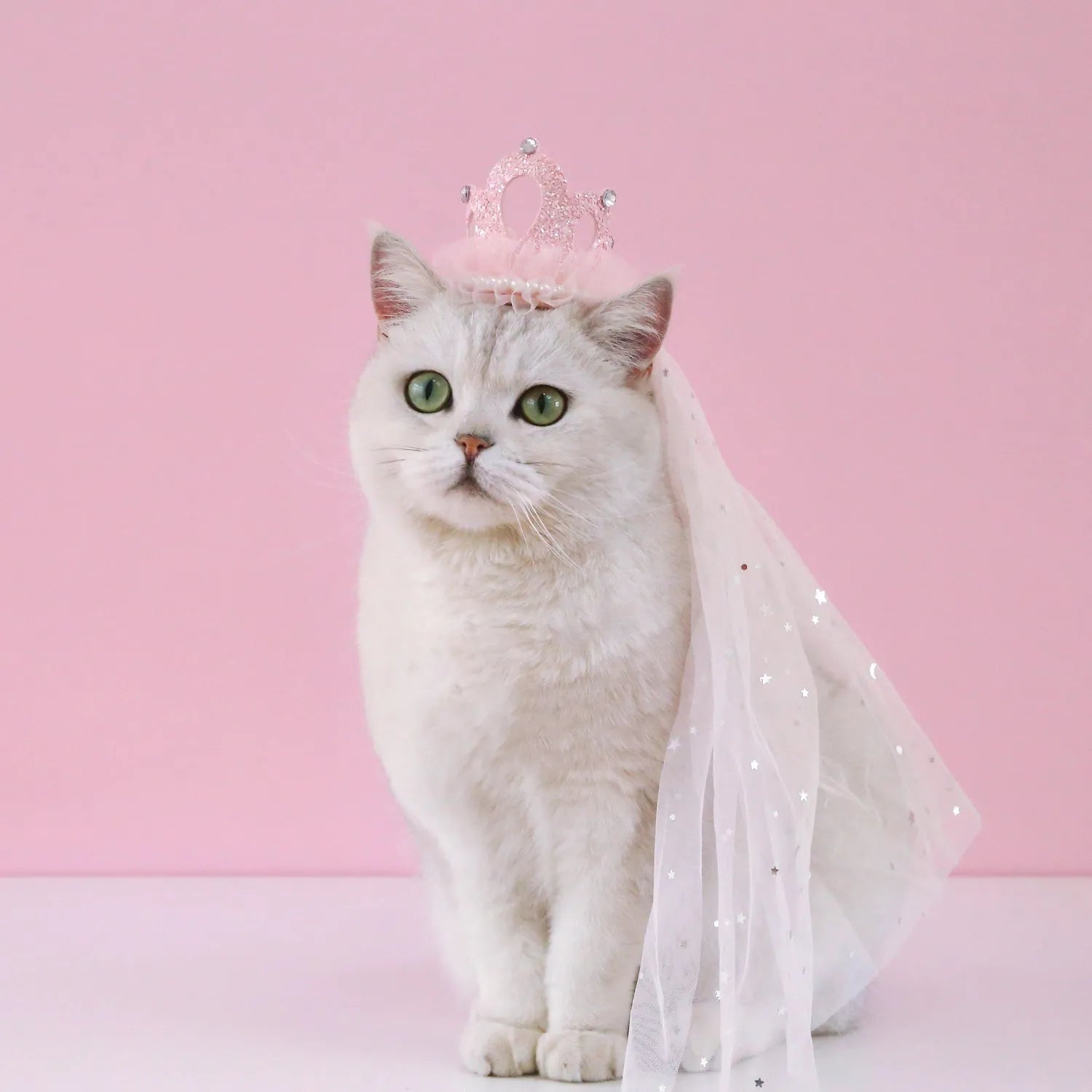 Pet princess crown headdress with cotton polyester veil in beige and pink options for cat and dog special events