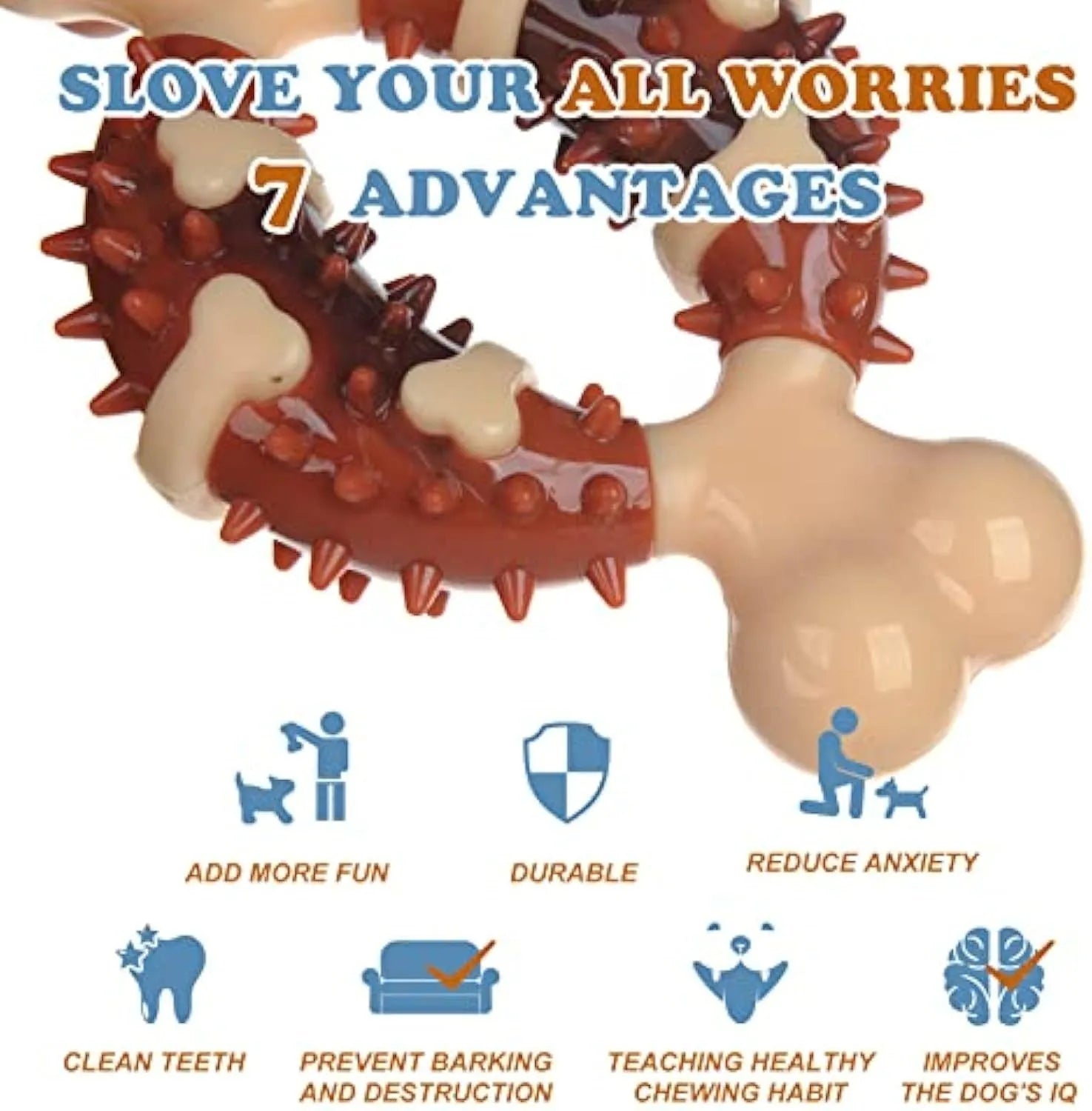Bone-shaped natural rubber dog molar chew toy for teeth grinding and anxiety relief in two size options