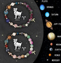 Two natural stone beaded bracelets with zodiac sign charms, showing the set of twelve astrological styles.