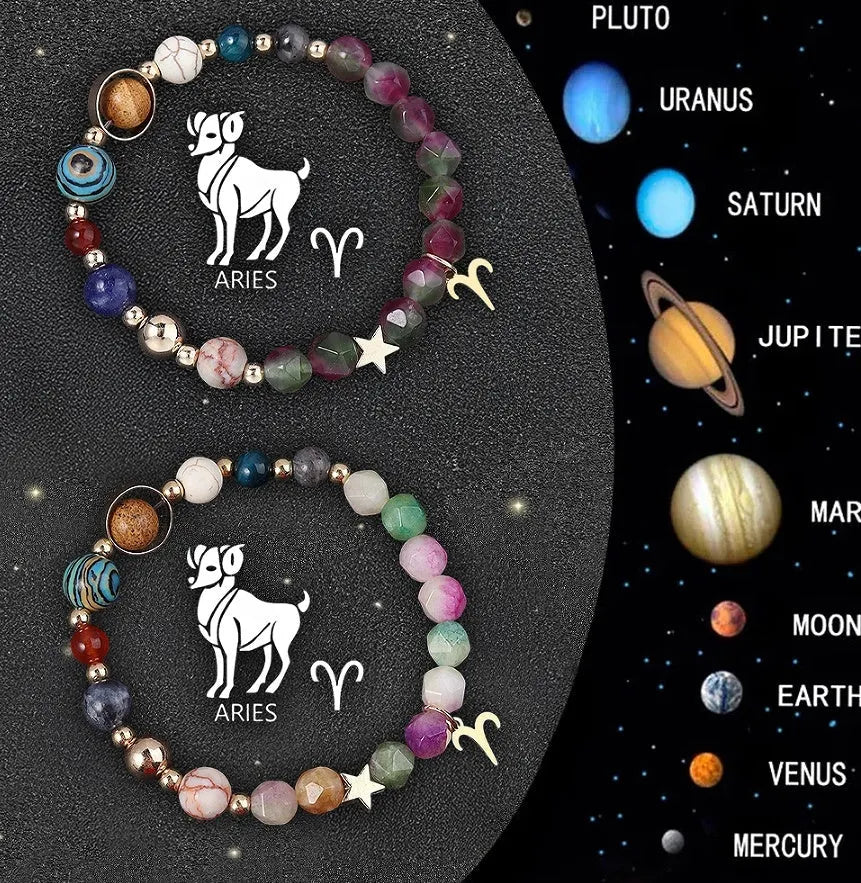Two natural stone beaded bracelets with zodiac sign charms, showing the set of twelve astrological styles.