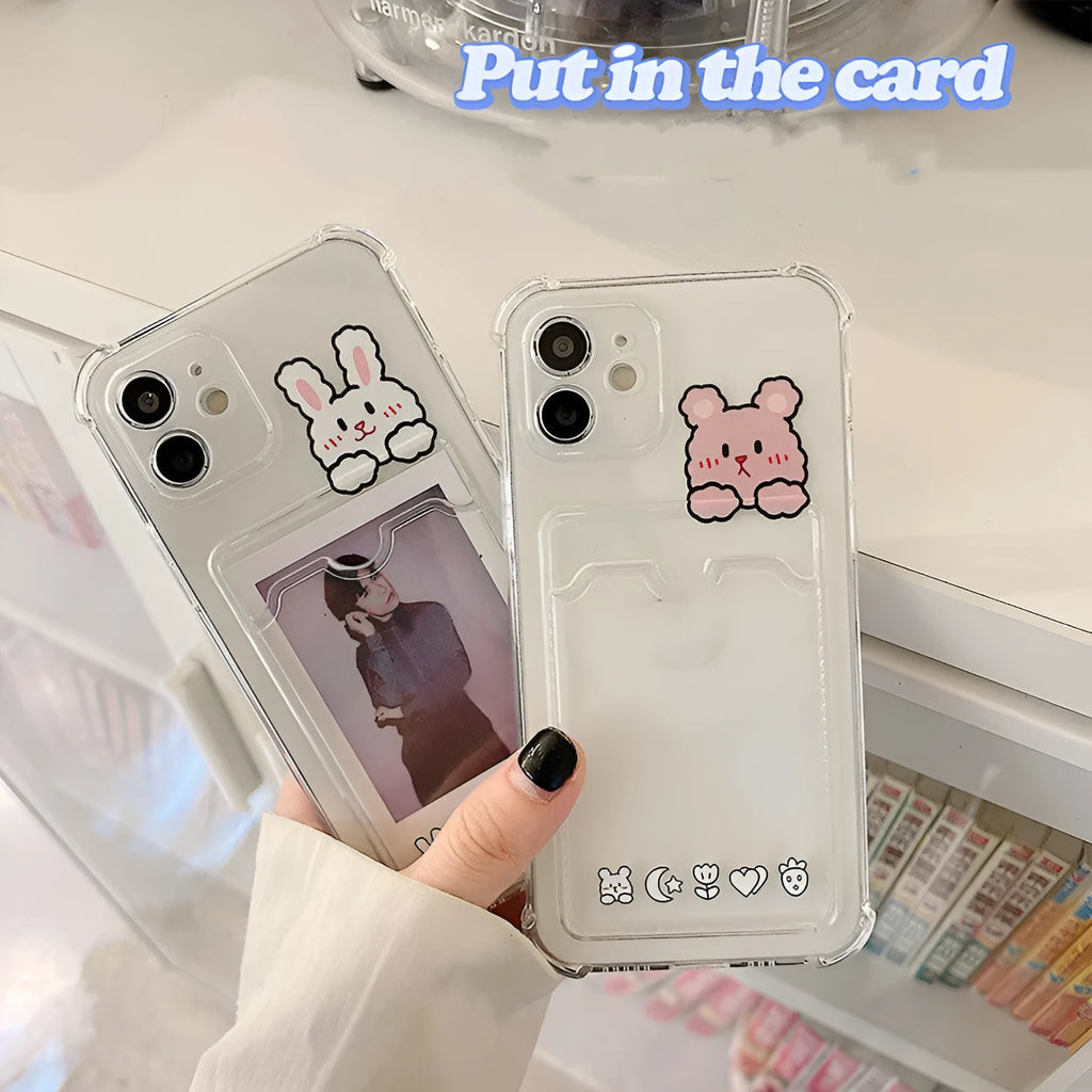 Transparent cartoon printed iPhone case with card holder slot on back