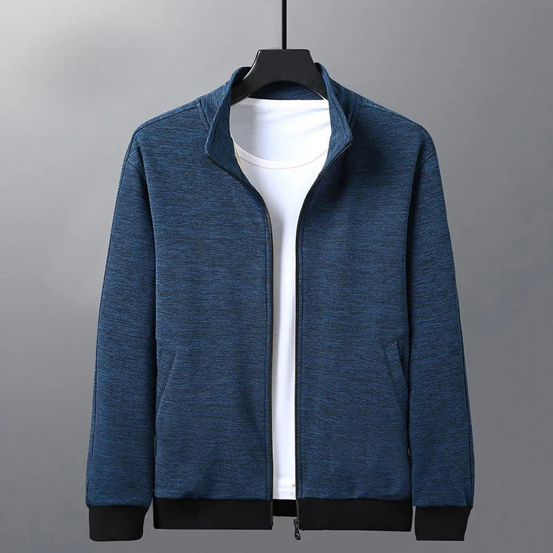 Men's black athletic fit casual jacket with a standing collar and front zip.