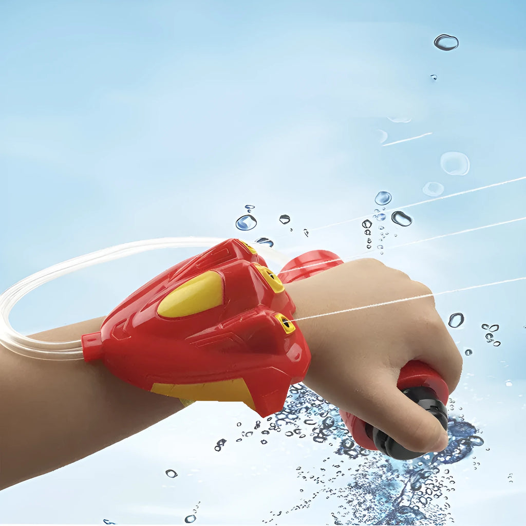 Hand-held plastic water gun in red and blue, 24cm length, for juvenile outdoor play