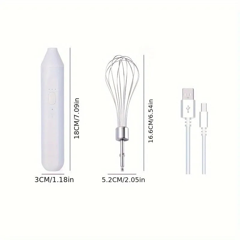 Hand-held wireless electric whisk in black and pink, with straight handle and stainless steel whisk attachment