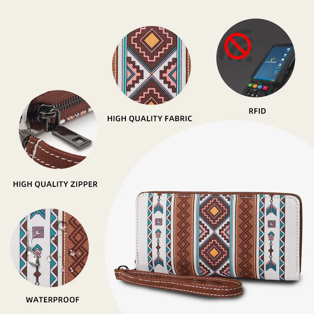 Striped canvas RFID wallet with bohemian pattern showing interior card slots