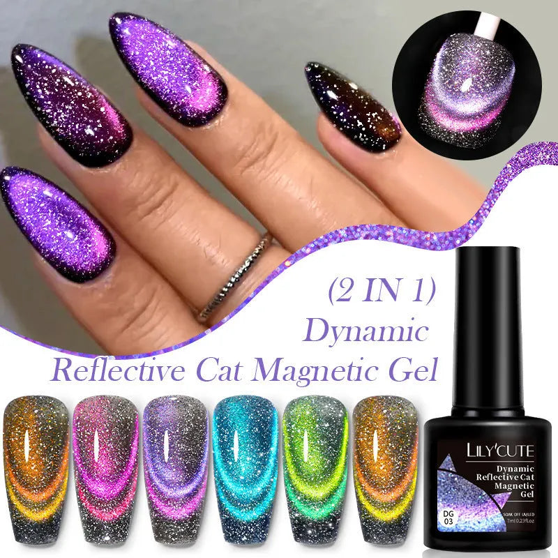 Cat eye effect nail polish gel bottle with diamond glitter in one of six colour styles