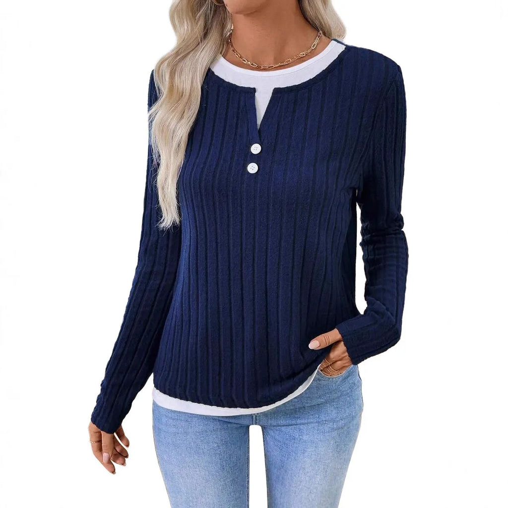 Women's fake two-piece round neck pullover sweater with button details in concave stripe polyester fabric