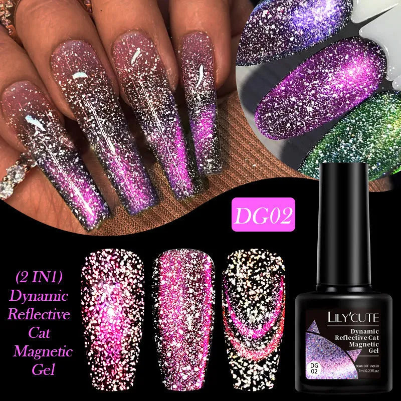 Cat eye effect nail polish gel bottle with diamond glitter in one of six colour styles