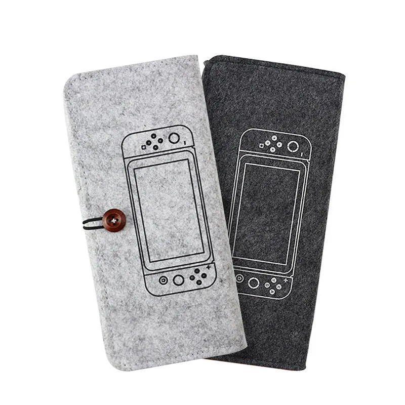 Black felt pouch for Nintendo Switch console with game card slots and double storage layer.