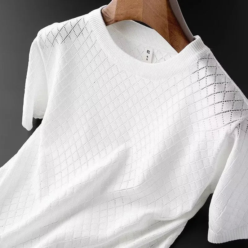 Men's ice silk short sleeve T-shirt shown in black and white, featuring both V-neck and round neck style options.
