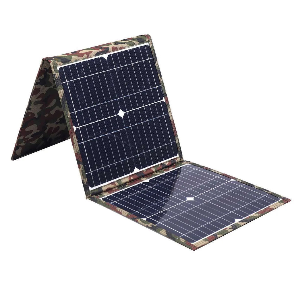 Black portable foldable 36W solar panel with car charger and USB accessories for outdoor device charging