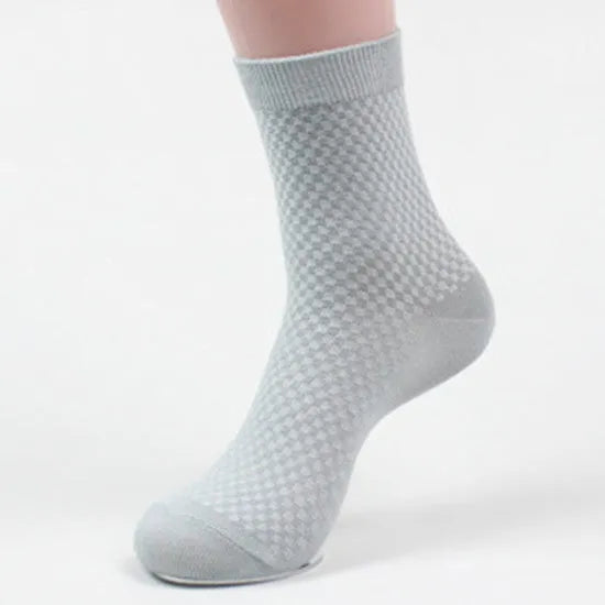 Men's bamboo fibre business socks in a small square pattern, shown in silver grey colour.