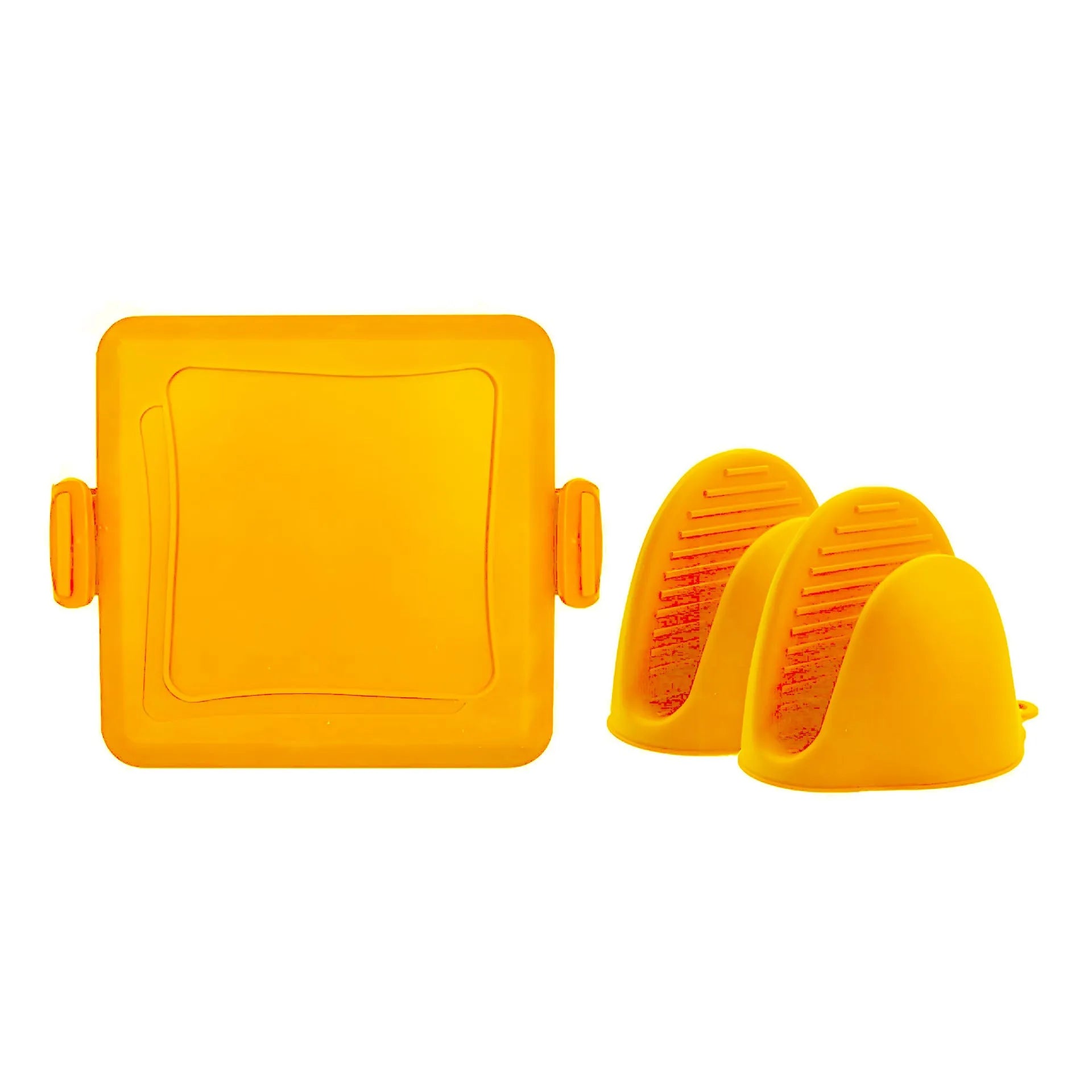 Red silicone baking tray with matching oven gloves set on kitchen counter