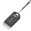 Small black and silver metal USB flash drive showing compact size next to a ruler for scale.