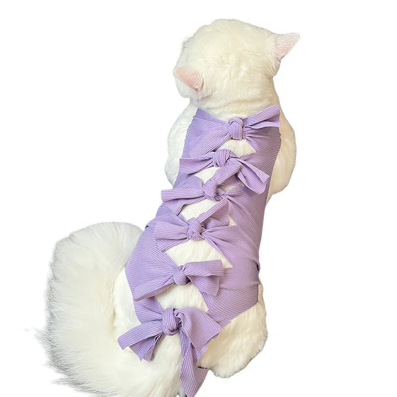 Lace-up polyester cat sterilisation recovery suit in assorted colours on a size chart