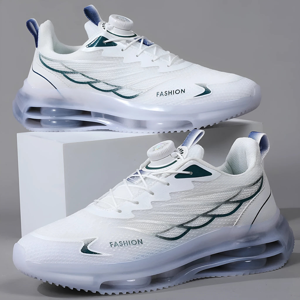 White rotating button casual sports shoes with mesh upper and rubber sole