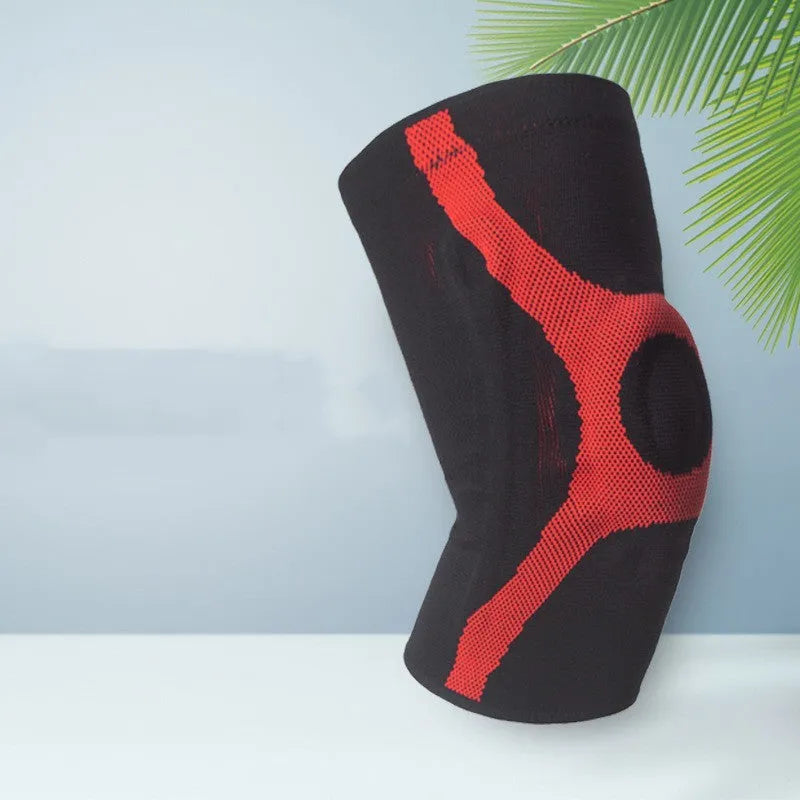 Red and grey silicone sports kneecaps for non-slip running and climbing protection.