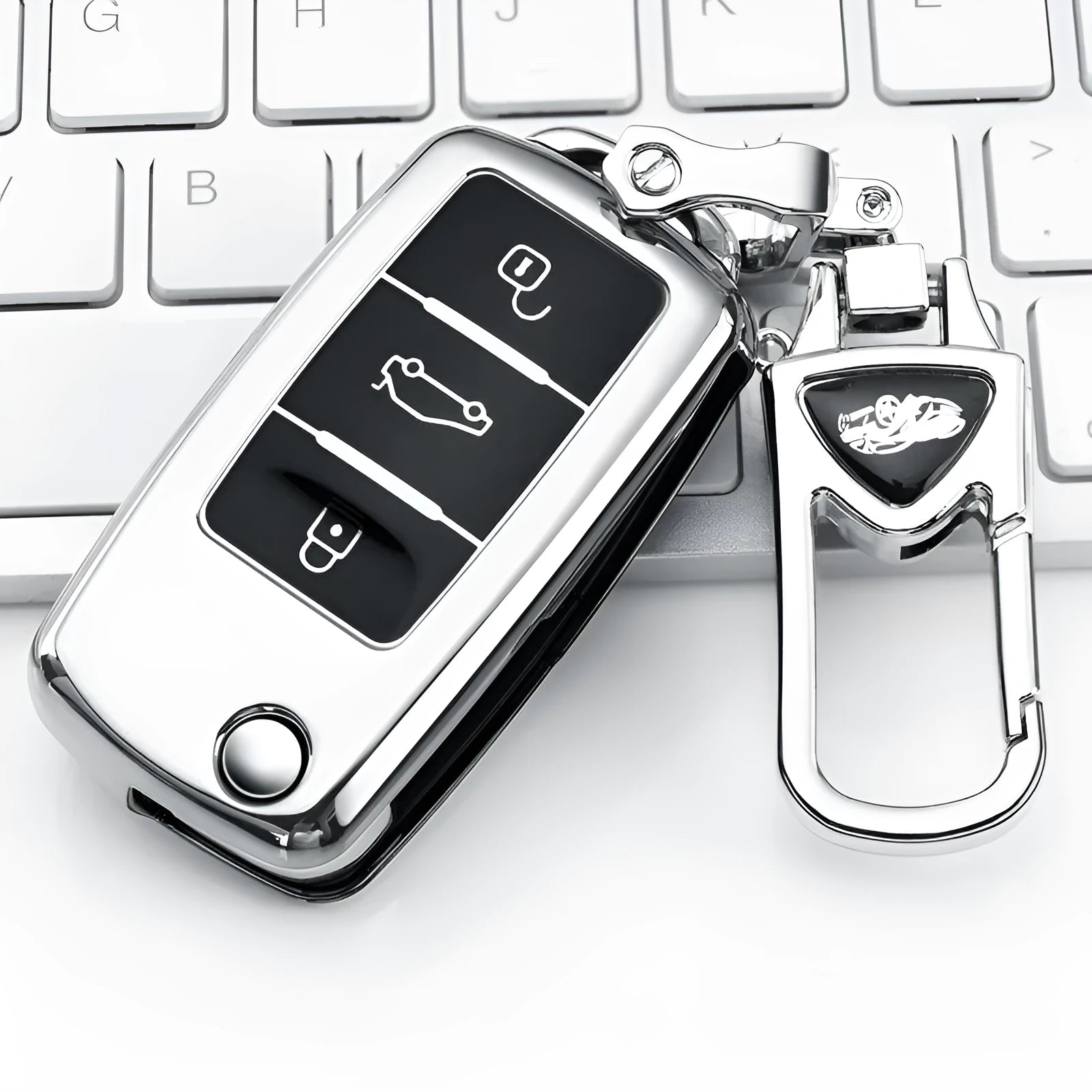 VW Model A folding car key case in TPU with Langham buckle, shown in four colour options