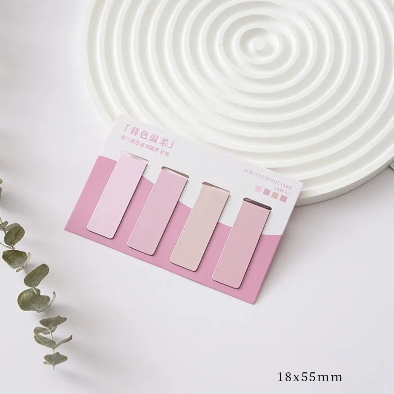 Four magnetic Morandi colour block bookmarks showing soft evening breeze, Lanshan breeze, gentle twilight, and quiet distance colours