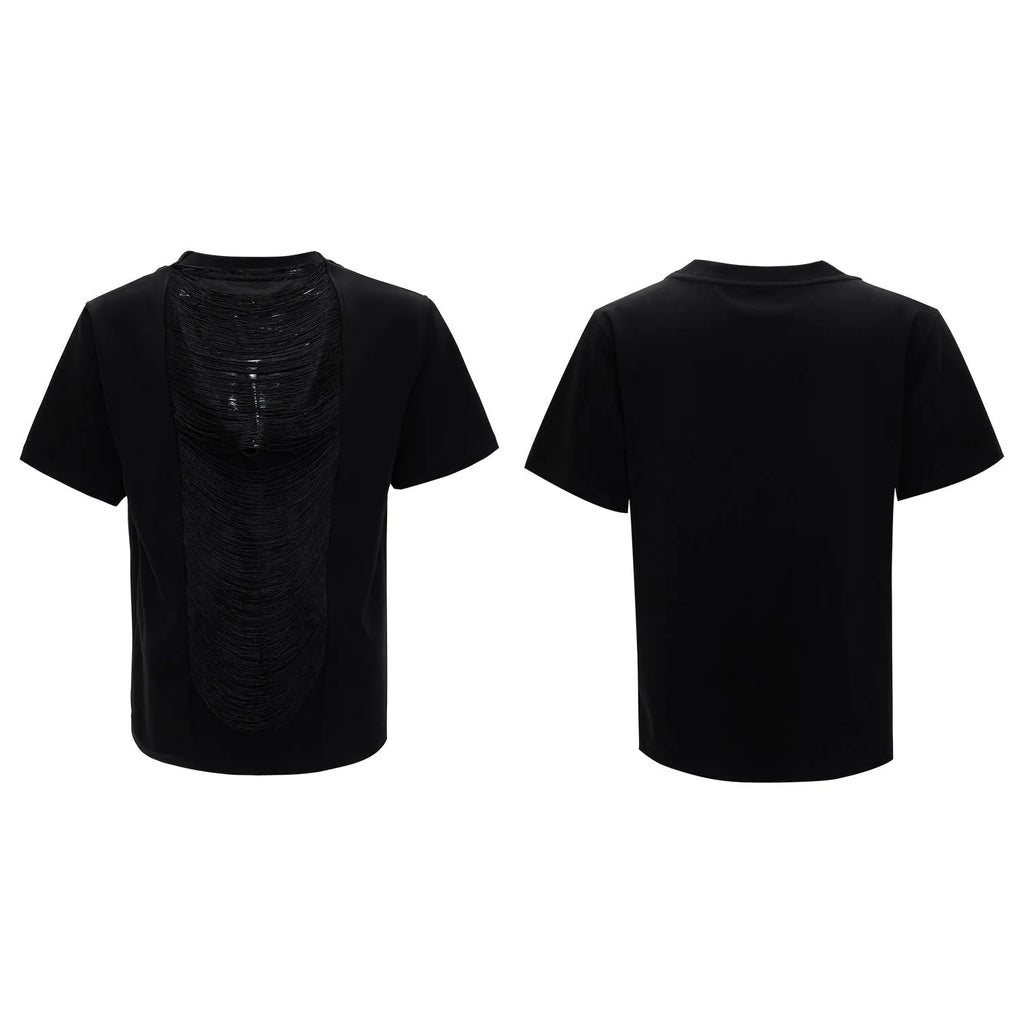 Black men's V-neck short sleeve polyester T-shirt with loose fit and tassel detailing