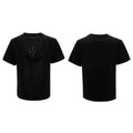 Black men's V-neck short sleeve polyester T-shirt with loose fit and tassel detailing