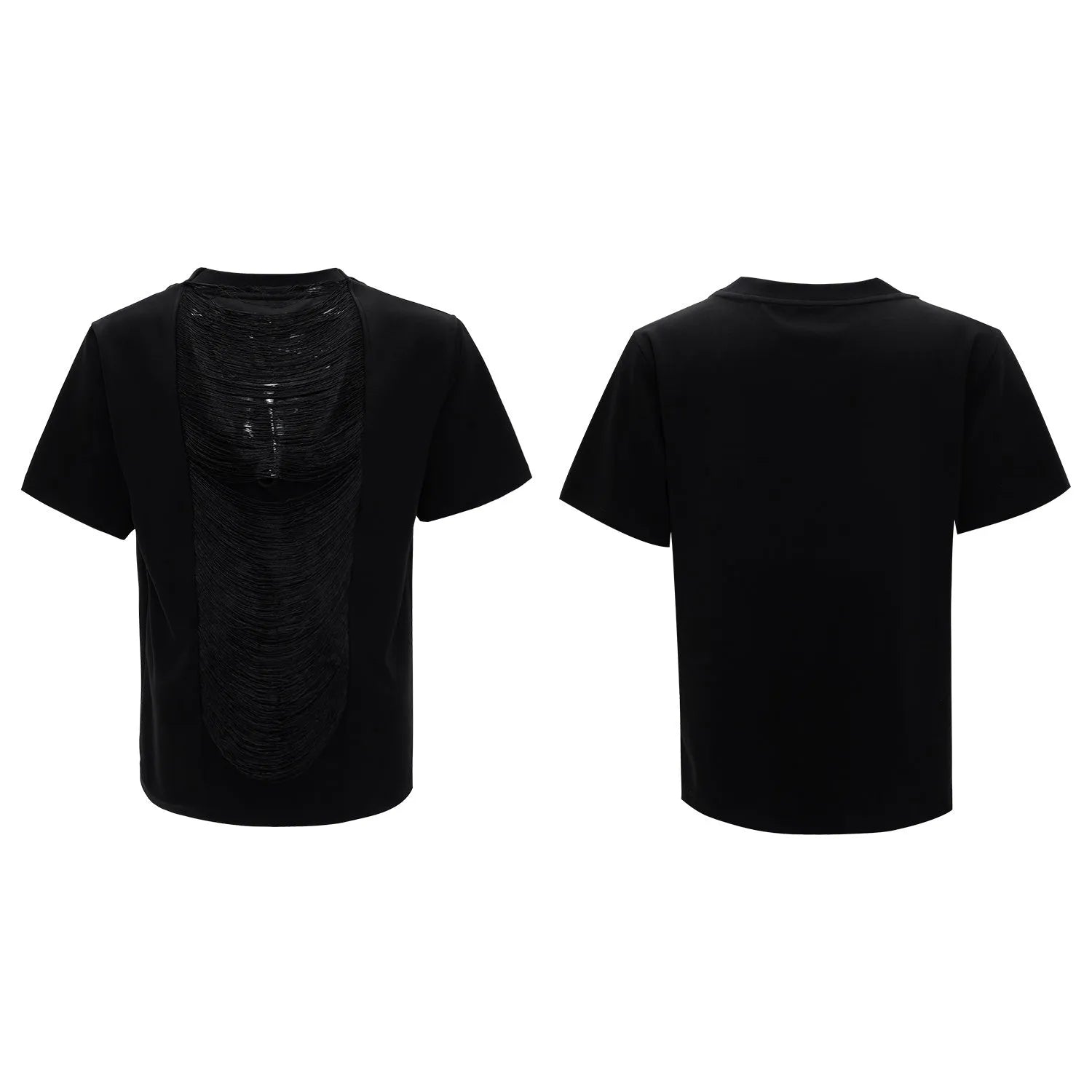 Black men's V-neck short sleeve polyester T-shirt with loose fit and tassel detailing