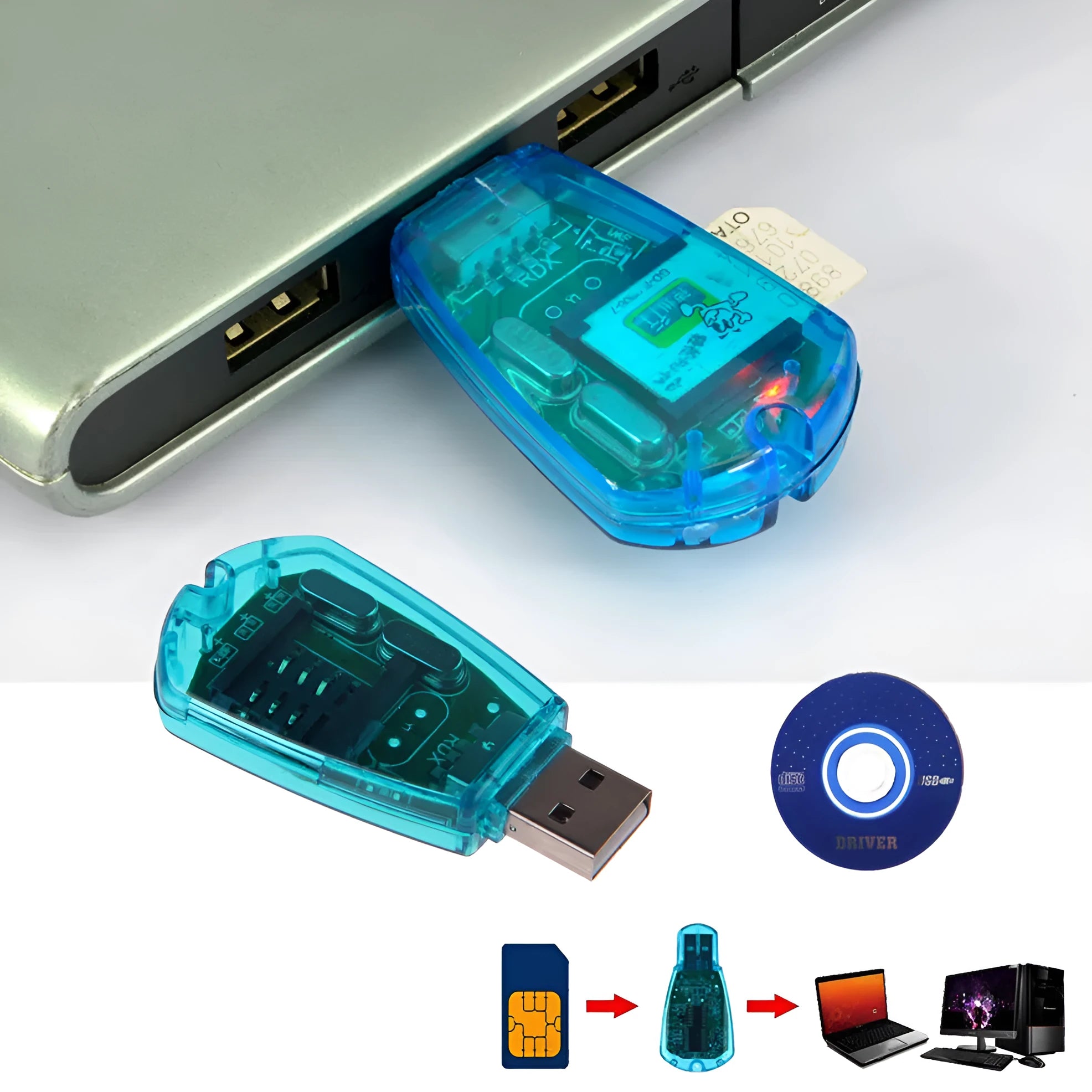 Blue USB 2.0 SIM card reader for mobile phone contact backup and SMS editing