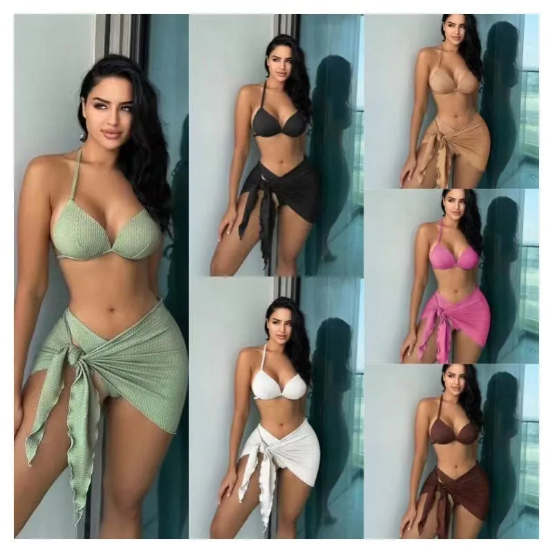 Women's Russian split three piece swimsuit set in solid colour with coordinating top, panties, and skirt