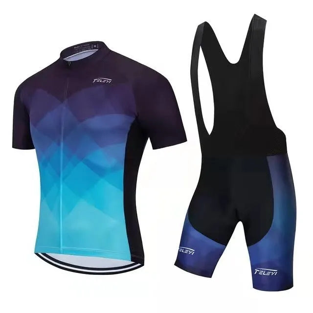 Cycling jersey and shorts set with moisture-wicking fabric in various style options for summer cycling